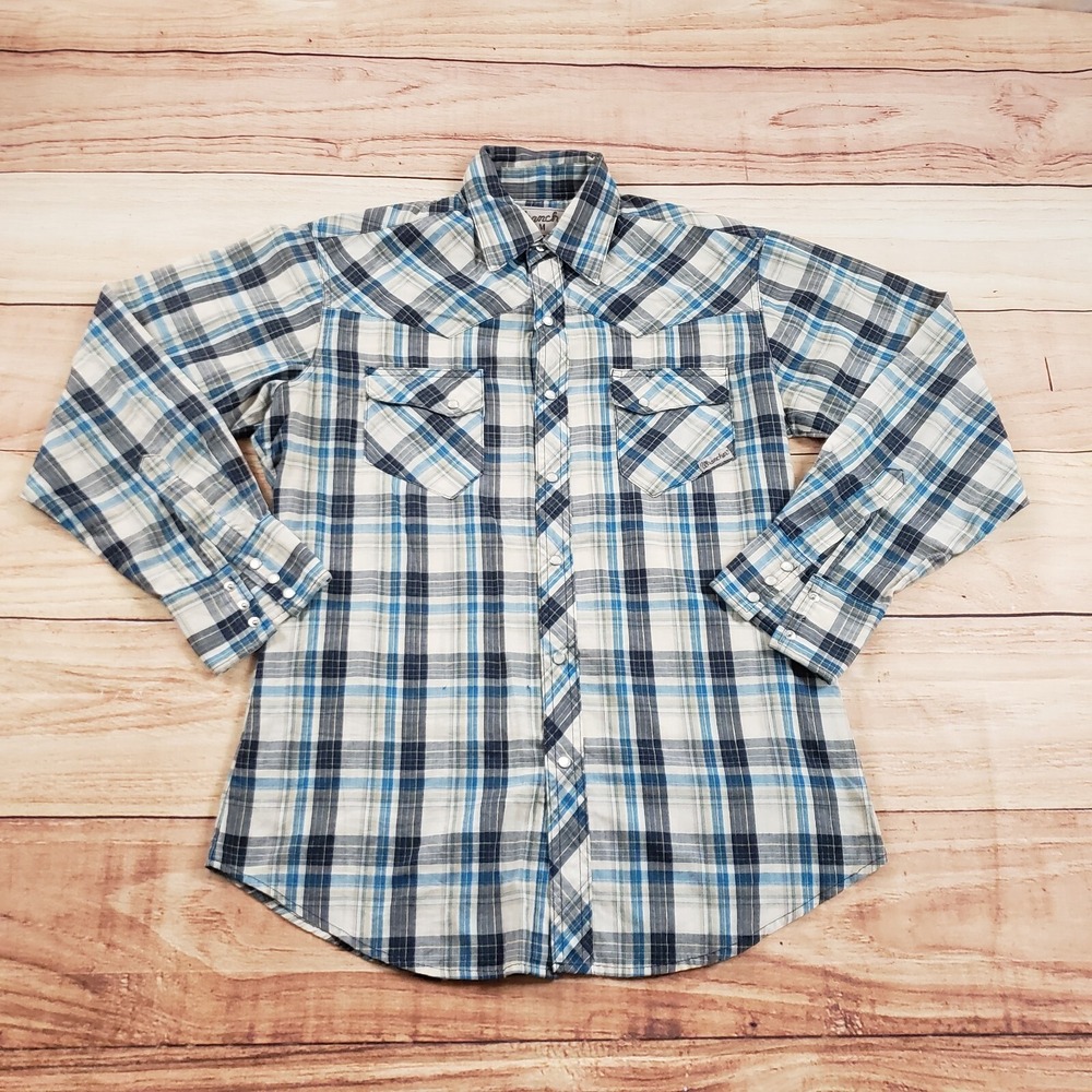 VINTAGE Wrangler Shirt Mens Medium Blue Gray Western Wrancher Pearl Snap Adult